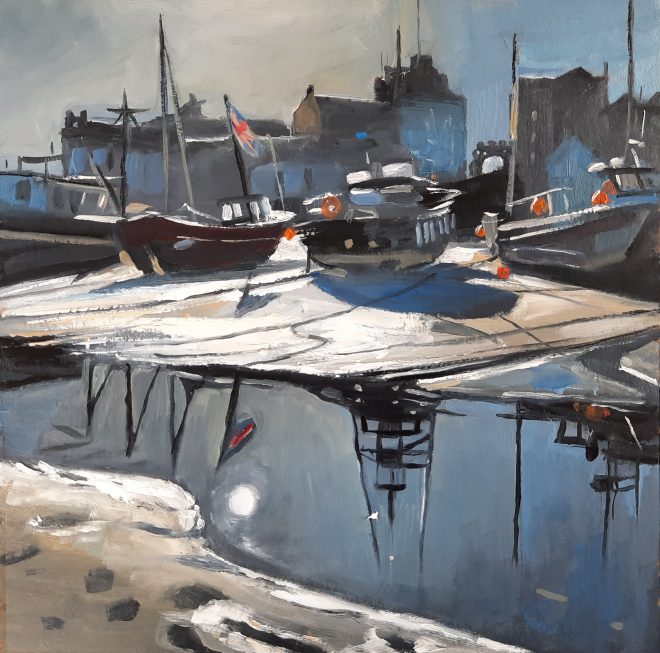 Morning Sun, Tenby harbour painting Dai David Art